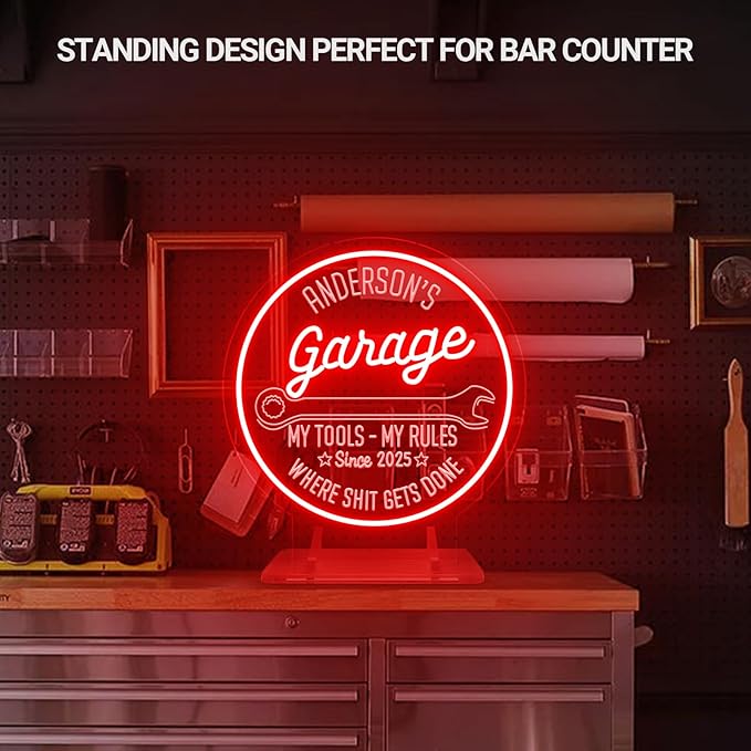 Custom Garage Neon Signs for Wall Decor, Personalized LED Neon Lights Tool Wrench Sign for Men Dad Gifts, Customized Garage Light Up Signs for Workshop Carport Repair Shop Carbarn Man Cave Business