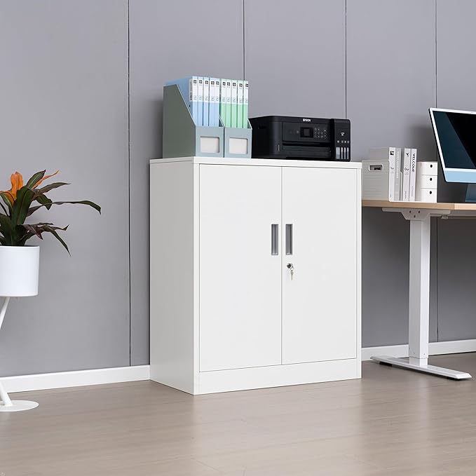 Metal Storage Cabinet, 36" H Locking Storage Cabinet with 2 Adjustable Shelves for Garage, Home, Office, Utility Room-White