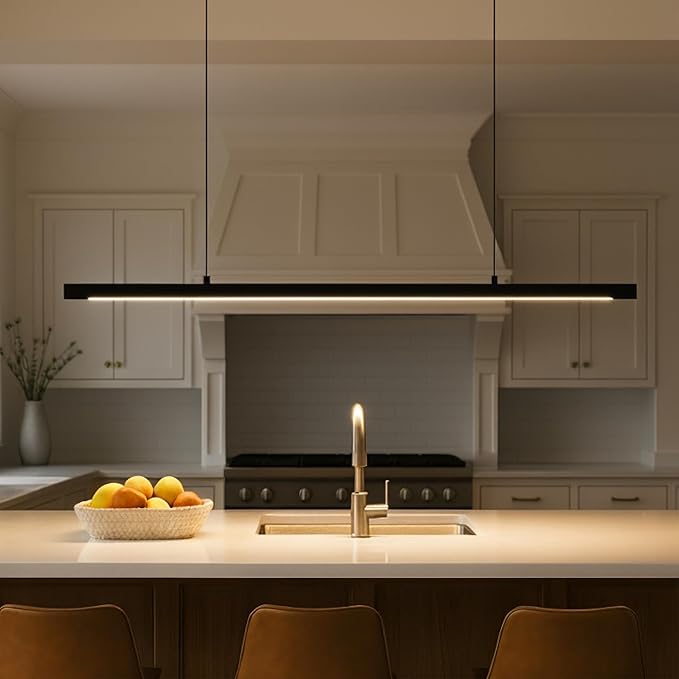 LED Linear Pendant Light, Office Light, Flicker-Free, Dimmable, Modern Ceiling Lighting for Bedroom Dining Room Table, 20W 3000K Warm Light 47.2" Black