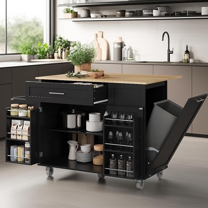 43.3" Rolling Kitchen Island Cart with Drop Leaf & Storage - Mobile Kitchen Organizer with Wheels, Rubberwood Top, Trash Bin Cabinet & Towel Rack, Farmhouse Style for Small Spaces Black