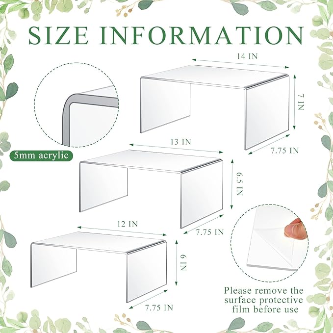 3 Pcs Extra Large 14, 13, 12 Inch Acrylic Display Risers Clear Acrylic Shelf Riser Display Stands 5 mm Thick Rectangular for Collectibles Figures