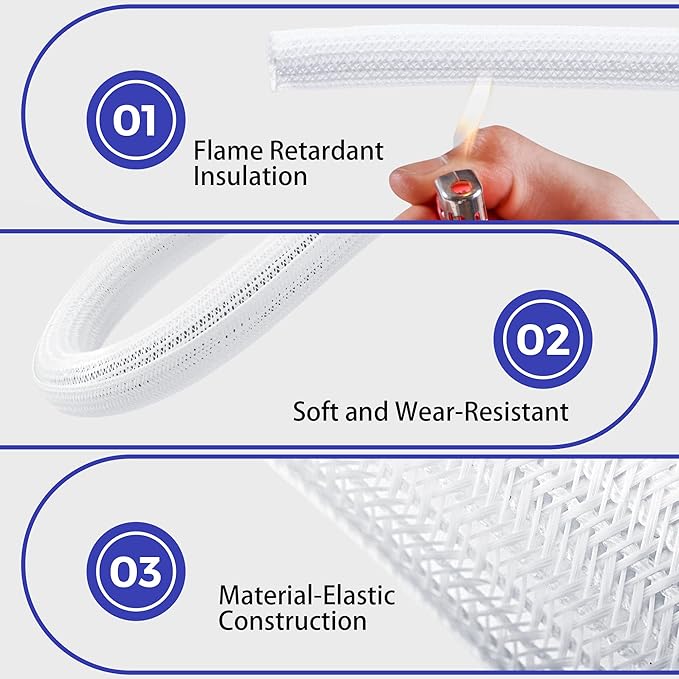 Cable Management Sleeves 1.5in - 2 Pack 4.1ft Split Braided Cable Sleeve White, Wire Organizers for Cords, Hard PE Cord Protectors from Pets, Flexible Cord Wrap Wire Sleeve for Computer Cord Organizer