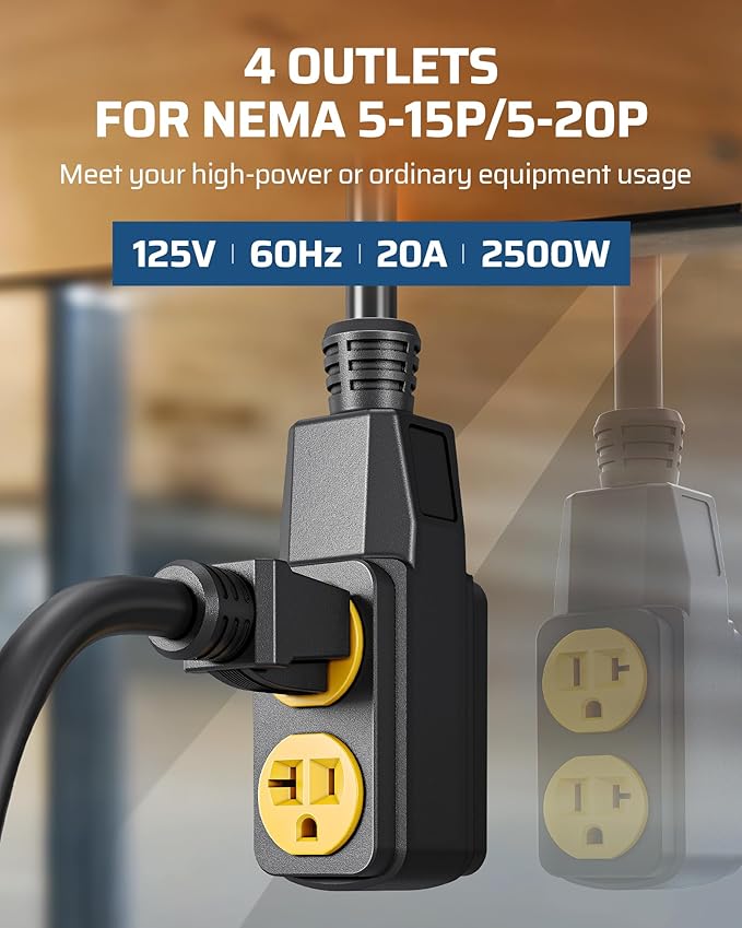 DEWENWILS Retractable Extension Cord Reel, 40FT 10AWG/3C SJTW Heavy Duty Power Cord, 4 Grounded Outlets, 20 Amp Circuit Breaker, 2500W, 180° Swivel Bracket for Ceiling/Wall Mount, ETL Listed