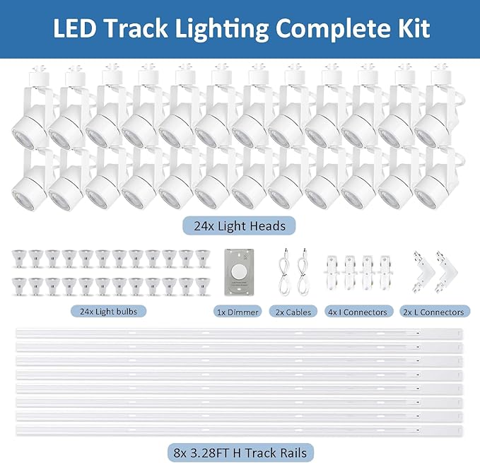 Dimmable 24-Pack GU10 White Track Lighting Kit with Dedicated Dimmer, All-in-One Plug in 3CCT Ceiling Spotlights with 26.2FT Track Rails, Accent Lighting for Home, Store, Moblie Cart and Office