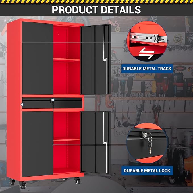 73" Metal Cabinet-Black & Red Heavy Duty Rolling Storage Cabinet Steel Tool Cabinets with Wheels, Shelves, Lockable Doors and Drawers- for Garage, Warehouse Home Office- Assembly Required