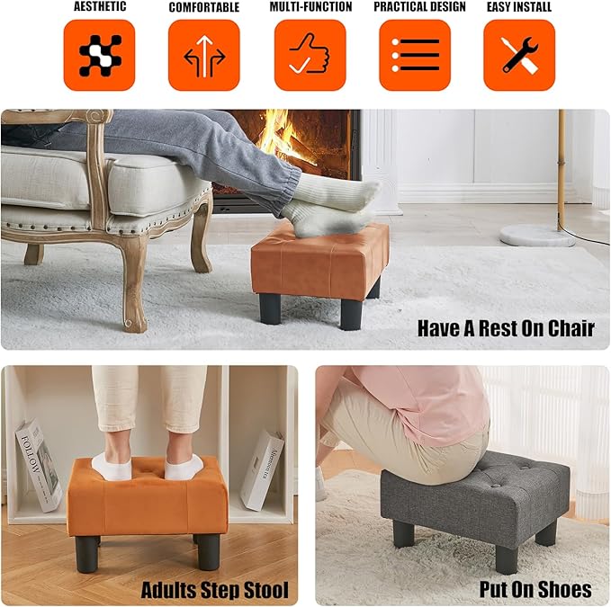 BRIAN & DANY Small Foot Stool, Leather Foot Stools with Legs, Stable Small Footstool for Living Room, Light Brown