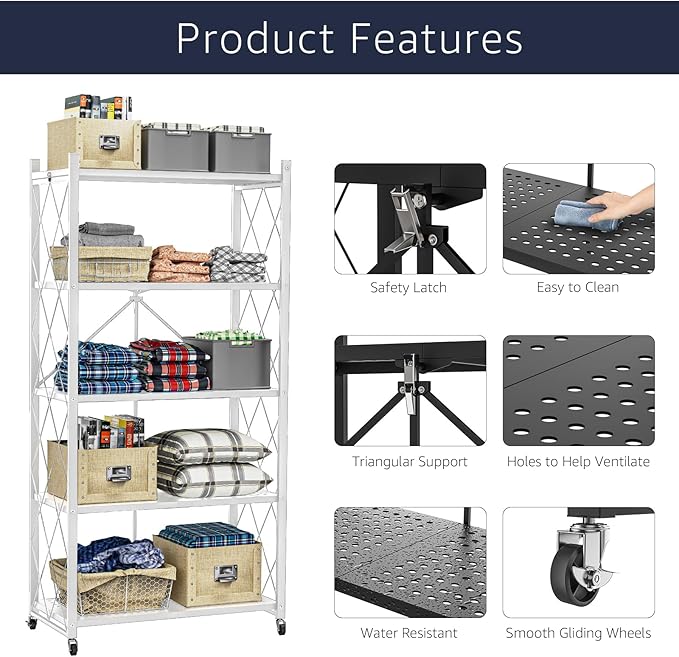 Lifetime Home 5-Tier Foldable Storage Shelf with Wheels - Metal Rack Collapsible Shelving Unit Display, Rolling Cart for Books Kitchen Storage Shelves, Pantry & Closet Organizer, Office Room Decor
