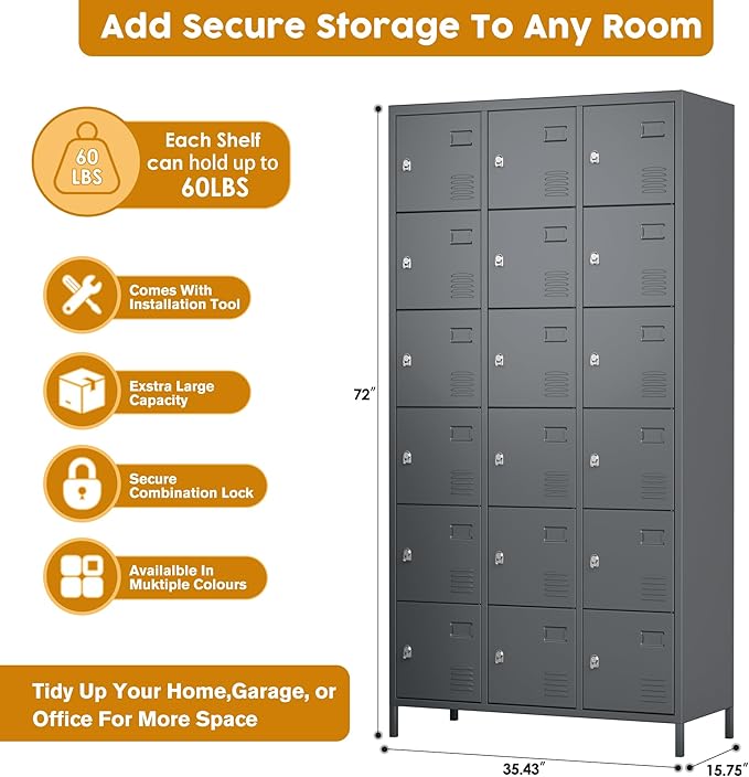 Aobabo 18 Doors Metal Locker for Employees,Metal Storage Locker Cabinet with Lock and Leg, for Office Garage School Home Industrial, Assembly Required, Dark Grey