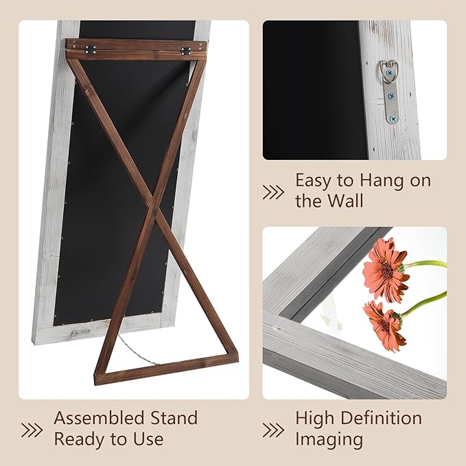 Rustic Standing Full Length Mirror Wood Frame, 56"X21" Farmhouse Floor Mirror for Bedroom Living Room Entryway, Hanging or Leaning Wall-Mounted Full Body Mirror, Tempered Glass, White