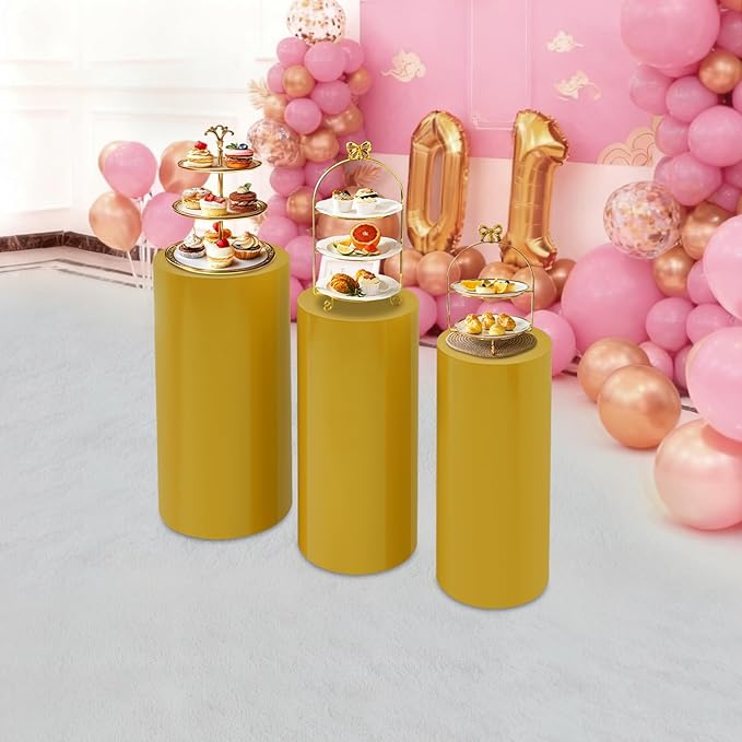 Eapmic Pedestal Stands for Party, Cake Pedestal Stand, Dessert Table Display Plinth Pillars, Sculpture Display Column Decoration Cube for Wedding Birthday (Gold, Cylinder-3Pcs(27.56"+26"+23.62"))