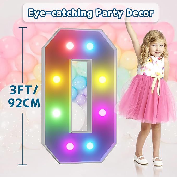 imprsv 3FT Colorful Marquee Numbers,18 Colors with Remote, Light Up Numbers 0 for 40th 50th Birthday Decorations Anniversary Party Decor, Pre-Cut Foam Board Kit, Mosaic Sign for Balloon