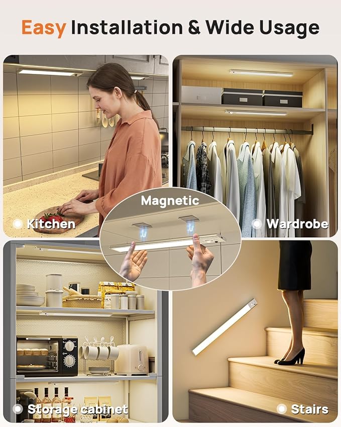 Under Cabinet Lights,80 LED Motion Sensor Light Indoor,4000mAh USB Rechargeable Closet Lights with Remote Control,3 Color Temps Wireless Under Counter Lights for Bedroom,Kitchen,Stairs,5 Pack