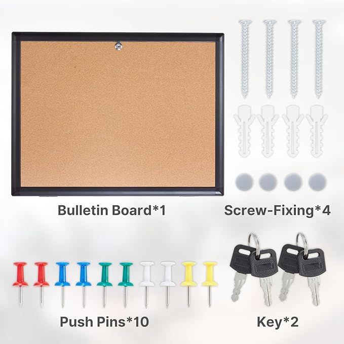 Enclosed Bulletin Board 20x26 Inch Indoor Outdoor Tamper-Proof Cork Wall-Mounted Notice Board with Rust-Resistant Aluminum Frame & Lock for Hospital, Restaurant Kitchen, Office (Black Frame)