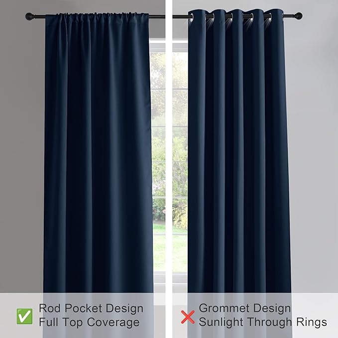 PONY DANCE Short Length Curtains for Kitchen, Solid Half Window Curtain Tiers for Bathroom Energy Saving Privacy Shade for RV Camper, 29W x 30L, Navy Blue, 2 Pieces
