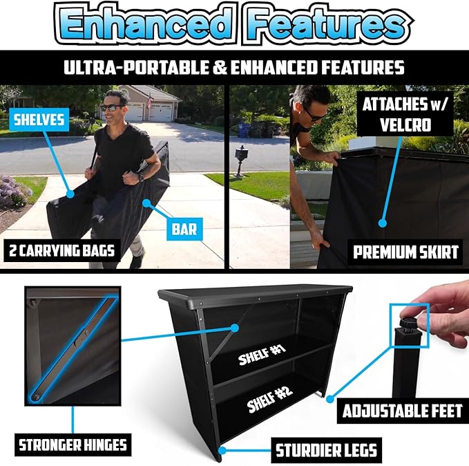 PartyLife Premium Portable Bar Table w/Folding Legs, Black Fabric Bar Skirt, 2 Storage Shelves & 2 Carrying Bags | Commercial Grade | Strong & Sturdy - White