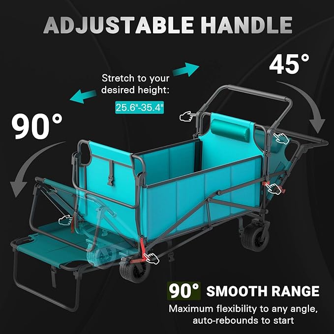 LEVELEVE Heavy Duty Folding Wagon - 2-in-1 Collapsible Cart, 650lb Capacity, All-Terrain Wheels w/Brakes & Side Pockets (Azure Blue)