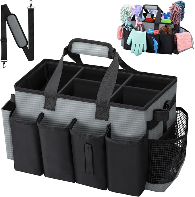 Wearable Large Cleaning Caddy Bag for Housekeeper, Clean Supply Organizer with Adjustable Shoulder, Waist & Handle Straps, Detailing Bag for Kitchen Supplies (Black&Gray)