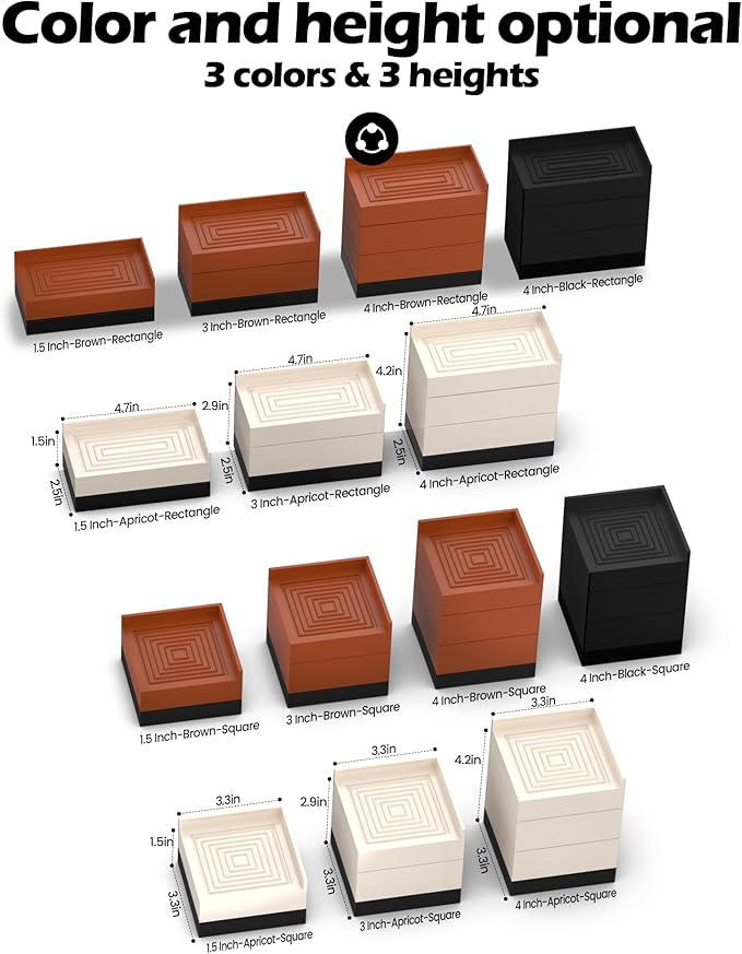 Furniture Risers, Tclouda Bed/Sofa/Desk/Table/Chair Leg/Fridge Lifts to 1.5, 3 and 4 in, Rectangle Adjustable Risers Blocks for Extenders, Heavy Duty Supports Up to 1300 Lbs, 3 in-Apricot-Rectangle