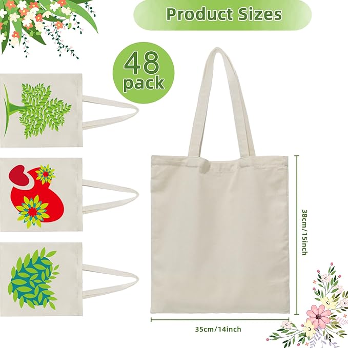6 I 12 I 24 I 48 Pack Canvas Tote Bags,Reusable Blank Canvas for Shopping Bags,Grocery Bags,DIY Gift Bags
