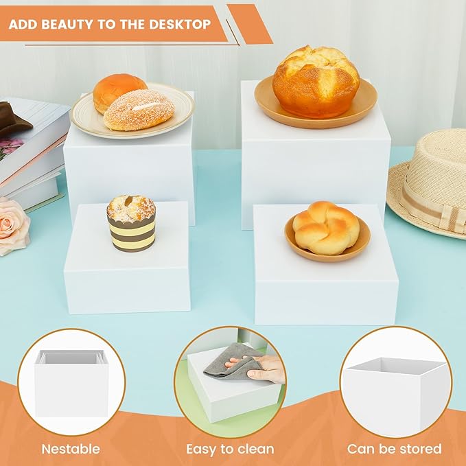 6PCS Buffet Risers, Food Risers for Buffet Table, Acrylic White Buffet Risers and Stands for Food Display, Party Catering Dessert Collectibles, Cube Boxes Display(Size 6.9", 7.7", 8", 9")
