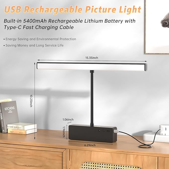 Lightbiz Picture Light, 15.35inch 5400mAh Rechargeable Picture Lights for Wall Battery Operated Wall Lights with Remote, 3 Colors Paintings Light Dimmable Art Light for Artwork, Gallery(Black)