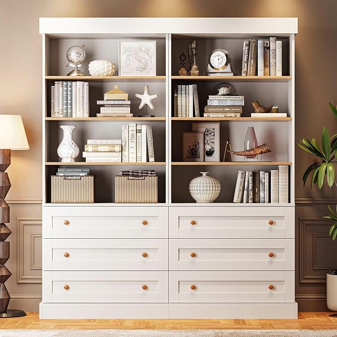 Vyre 71" Tall Farmhouse Bookshelves with Drawers, Set of 2 – Large Modular Bookcase with Adjustable Shelves, Storage Cabinet for Kitchen, Living Room, Home Office, White