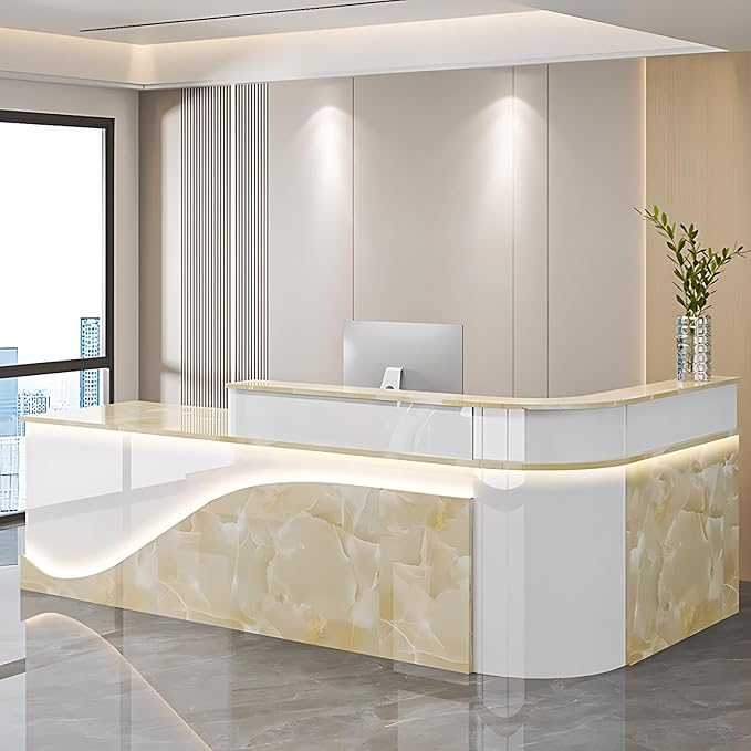 Modern Reception Desk – Front Desk, Reception Counter for Office, Checkout Counter, LED Lighting, Storage, Soft Close Drawers, Custom Logo, Fully Assembled (I,72IN)