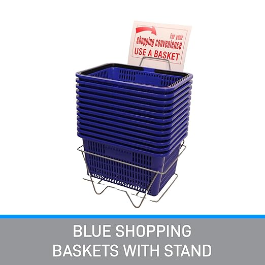 SSWBasics Blue Shopping Basket with Stand, Set of 12, 8-1/2"H x 12"W x 17"L - Ideal Grocery Baskets for Retail Environments