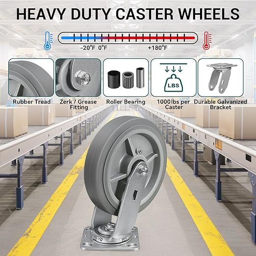 8'' × 2'' Caster Wheels, Heavy Duty Industrial Casters Set of 4 Rubber Wheels, Load 4000lbs Capacity, Swivel Caster for Cart Dolly Toolbox (2 Swivel & 2 Rigid)
