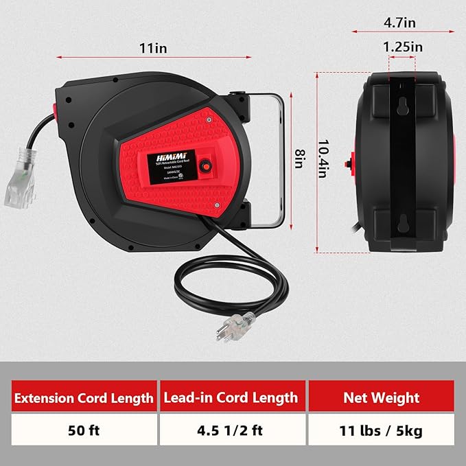 Himimi Retractable Extension Cord Reel, 50FT 14AWG/3C Power Cord Reel for Garage Workshop, Wall/Ceiling Mounted Extension Cord Reel, 3-Lighted Triple Outlets, UL Listed, 13A Circuit Breaker