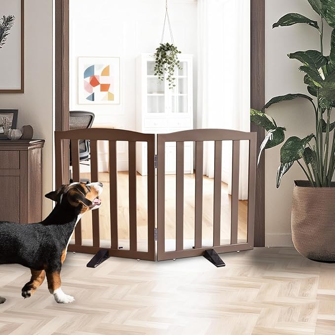 Freestanding Dog Gate Indoor,Doggie Gate Foldable Pet Gates for Doorways,Stairs or Hallways, Wooden Brown Pet Gate for The House, Pet Fence with Support Feet Included,24 "Height-2 Panels