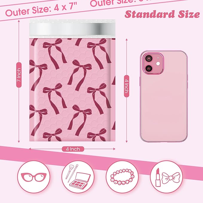 Fuxury Bubble Mailers 4x8 800 Pack, Pink Bows Cute Design Bubble Envelopes Usable Size 4x7",Strong Adhesion Pattern Padded Shipping Envelopes Thick Mailer for Mailing Jewelry, Makeup,Small items