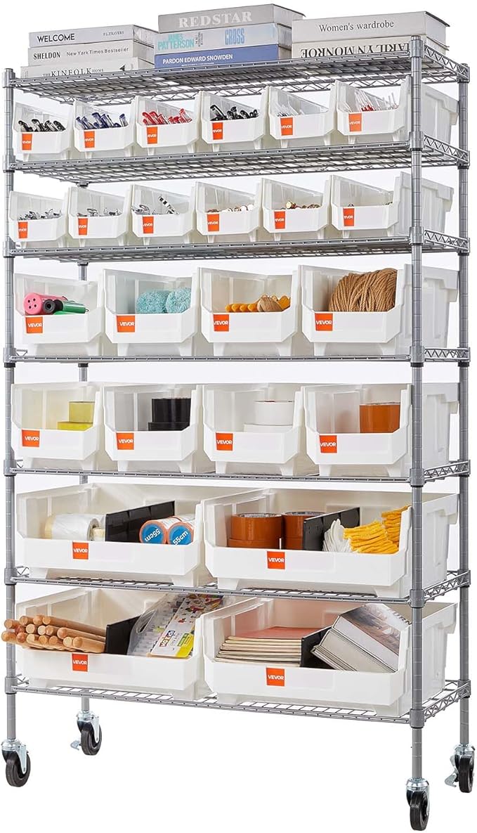 VEVOR 7-Tier Rolling Bin Storage Rack, 24 Organizer Bins, Bin Rack Storage Steel Wire Shelving System with Wheels, Mobile Tool Organizer for Garage, Warehouse, Office, Restaurant, Classroom, Kitchen