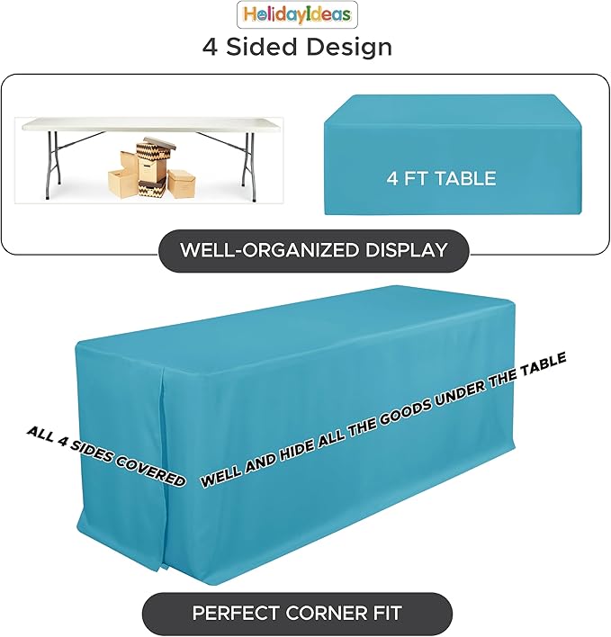 HolidayIdeas Fitted Tablecloths for 6 Foot Rectangle Table, Wrinkle Resistant Washable Table Cover 30x72 Inch for Vendor Booth Display, Banquet, Trade Show, Teal, 4 Pcs