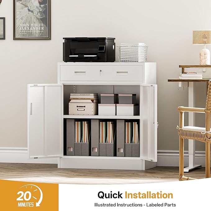 Metal Garage Storage Cabinets，36" Steel File Cabinet with 2 Adjustable Shelves, Lockable Storage Cabinets for Office, Home, Garage, Warehouse 36" H x 32" W x 16" D (White)