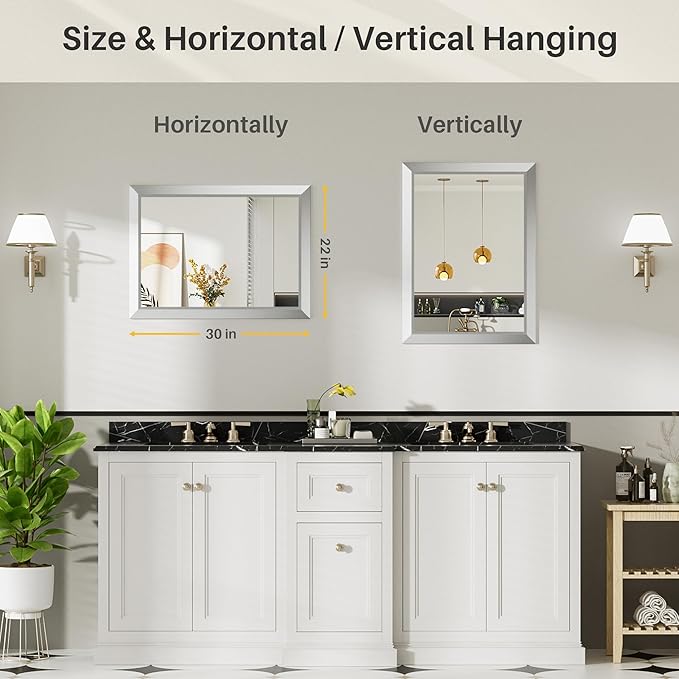 22x30 Inch Brushed Nickel Bathroom Mirror for Wall, Thick Metal Framed Rectangle Mirrors for Over Sink, Bedroom, Living Room, Entryway, Anti-Rust, HD Tempered Glass