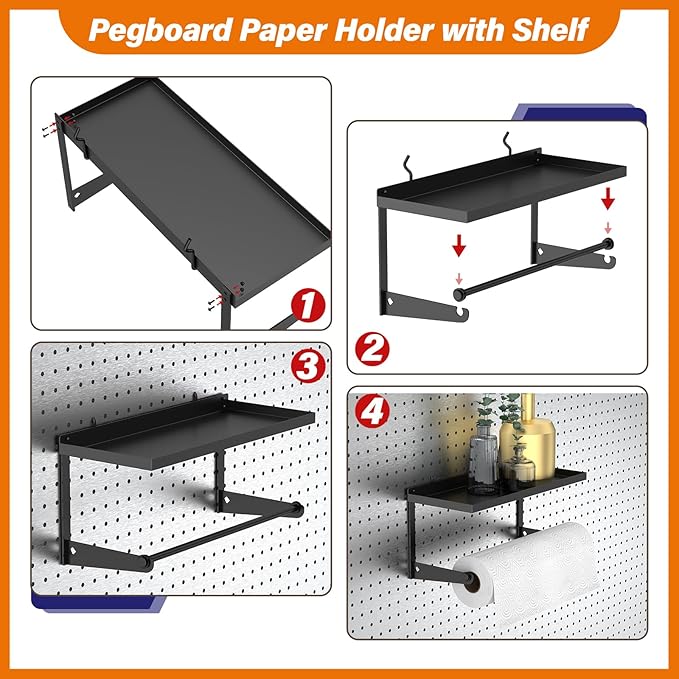 Pegboard Paper Towel Holder with Shelf, Heavy Duty Peg Board Accessory, Metal Pegboard Organizer Accessories for Garage, Workshop, Craft Room