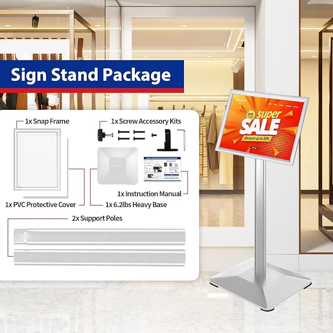 Pedestal Sign holder Stand 8.5x11inch Adjustable Standing Floor Sign Stand with Heavy Base & Snap Frame Display Stand for Indoor Outdoor Business Store Sign Holder Poster Stand (Silver)