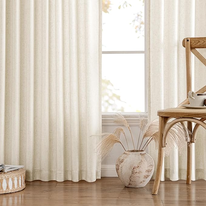 MIULEE Non-See-Through Privacy Linen Curtains 2 Panels, Light Filtering Window Curtains Farmhouse Textured Back Tab Semi Sheer Drapes for Bedroom Living Room, 52 x 96 Inches Long, Cream Ivory