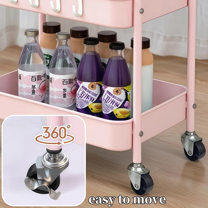 Pink 2 Tier Rolling Cart Metal with Wheels Under Desk Storage Cart for Small Space Organization, Small Trolley for Pantry Room Laundry Bathroom Kitchen Office Art Snack Baby Supplies