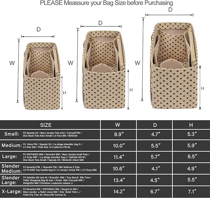 Purse Organizer Insert For Handbags, Silky Touching Bag Organizer Insert With Bottle Holder, Perfect for Speedy, Neverfull, Tote,ONTHEGO ,Artsy,Handbag and More (Slender Large,Brown polk dots Beige)