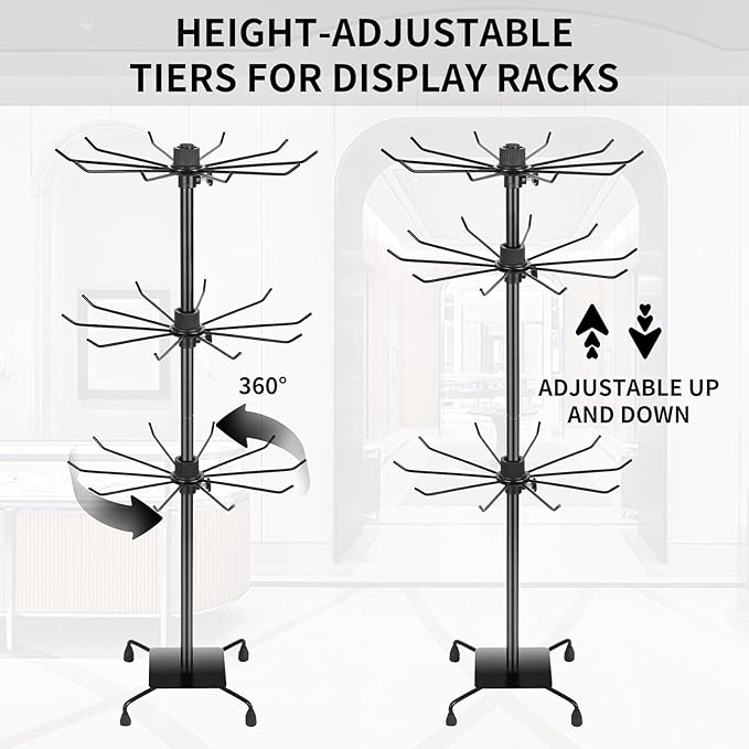 3 Tier Spinner Display Rack Retail Display Stand Metal Rotating Display Rack for Jewelry Keyring Socking HatsToys，Movable Shop Spinner，Adjustable height， Black,Pack of 2