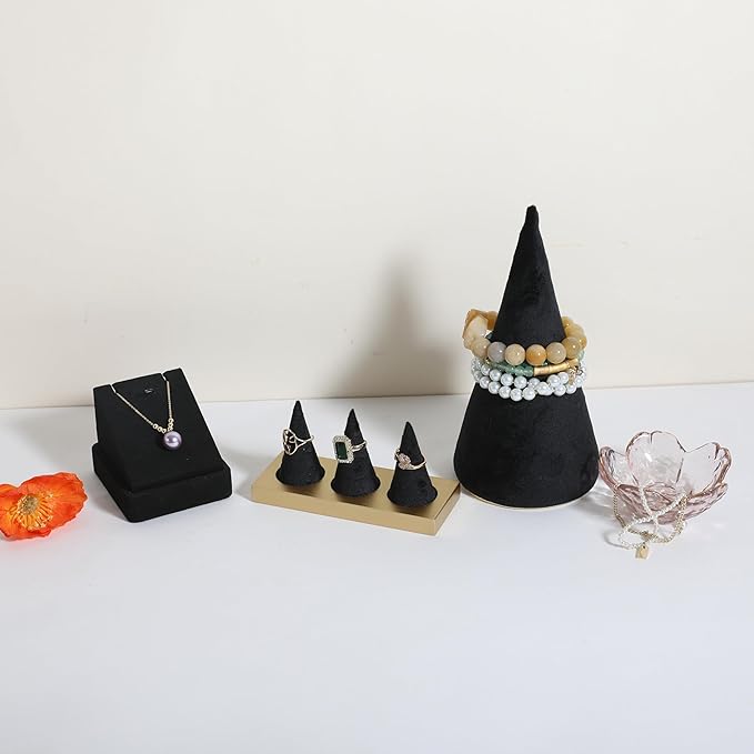 GemeShou Velvet bracelet display stand for selling, black jewelry bangle holder with golden base, felt bracelet storage organizer for nightstand home decor【Bracelet holder-black】