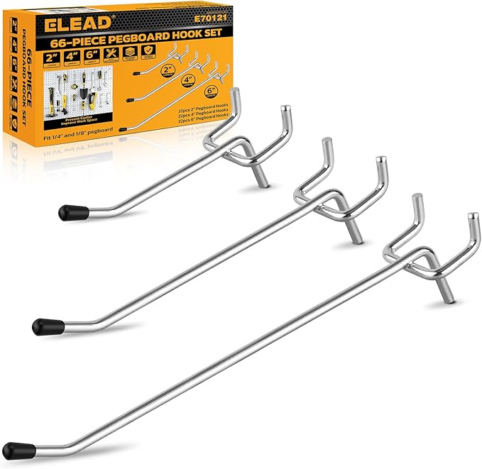 ELEAD 66-Piece 2/4/6 Inch Pegboard Hooks, Heavy Duty Peg Board Organizer Accessories, Peg Board Tool Hangers Fit for 1/4" and 1/8" Pegboard Hanging Tools Garage, Workshop, and Craft Storage