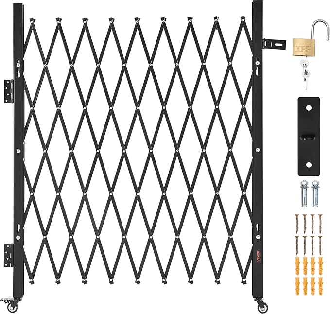 VEVOR Single Folding Security Gate, Lockable Scissor Gate with 360° Swivel Casters, Outdoor Barricade Steel Retractable Gates, for Entry Security, Garage, Warehouse & Pool, 74.80 x 51.57 in (W x H)