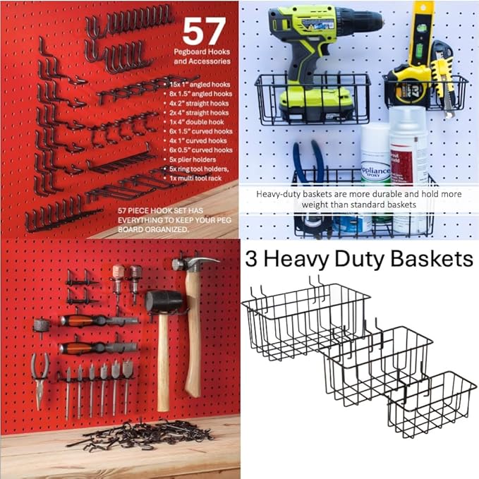 Heavy Duty Black Pegboard Hooks and Baskets for Hanging Tools, 60 Pieces 1/4'' Peg Board Accessories Peg Hooks and Bins, Peg Board Attachments for Organizing Tools Garage Kitchen Bathroom Craft Room