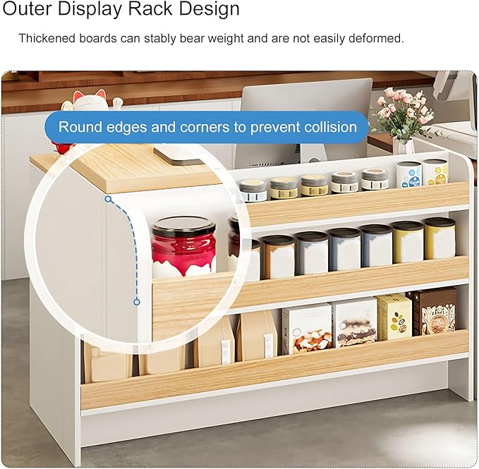Modern Reception Desk Counter, Retail Counter Reception Desk with Lockable Drawers, Retail Checkout Counter with Open Shelves (White-You)