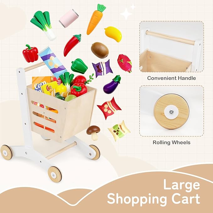 HONEY JOY Kids Grocery Store Playset, Wooden Grocery Store Pretend Play w/Cart, Cash Register Stand w/Coins, Chalkboard, Toddler Supermarket Play Toy for Boys Girls(Play Food Not Included)
