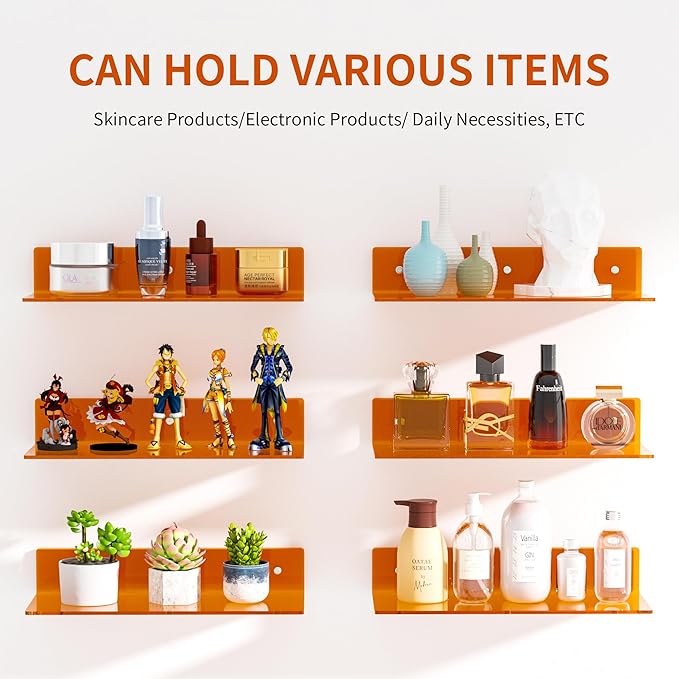 15 Inches Orange Acrylic Wall Shelves 2 Pack, L Shape Floating Shelf, Perspex Wall Mounted Shelves for Home Décor, Model Car, Candle, Calendar, Towel, Tissue