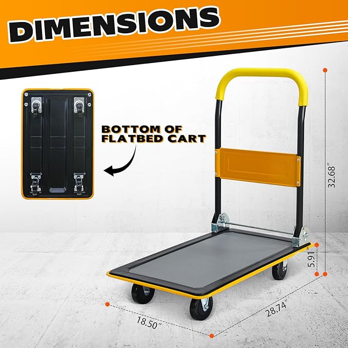 Yellow Folding Platform Hand Truck 330 lbs Capacity, Heavy Duty Flatbed Cart with 360° Swivel Silent Wheels, Non-Slip Steel Dolly for Warehouse, Office, or Home – Foldable Design